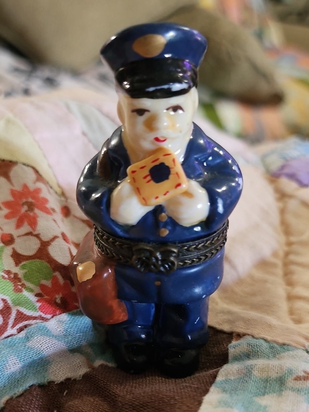 Vintage 1980s Ceramic Mail Carrier Trinket Box - Navy Blue